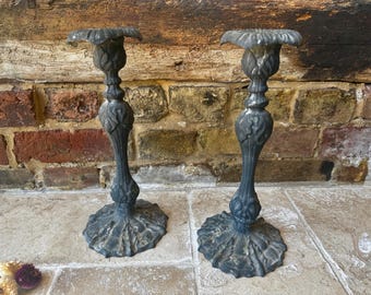 Pair of Vintage French Metal Large Candlestick Holders: Acanthus Leaf, Interior Decor