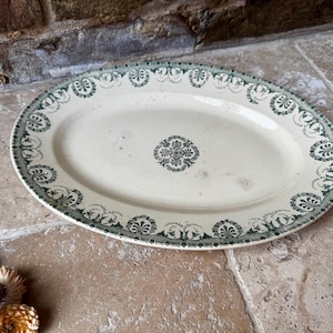 Antique Late 19th Century Small French Ironstone Platter | Terre de Fer Oval Serving Dish | Timeworn Green Transferware Vintage Plate