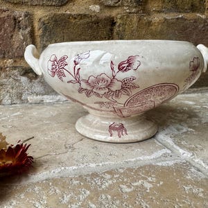 Antique French Ironstone Soupière: Pink Transferware Tureen Bowl
