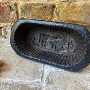 Antique 19th Century French Butter Mould Brick with Cow Decoration | Rustic Carved Treen Wooden Butter Brick Mold