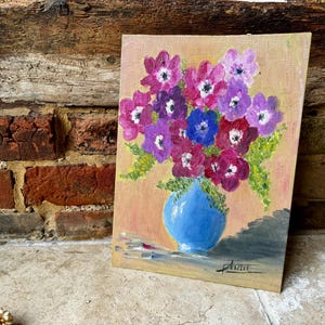 Vintage French Signed Ganache Painting on Canvas | Original Floral Still Life Painting Featuring Blue Vase & Flowers