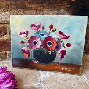 Antique French Floral Oil on Canvas Painting: Signed Anemones Still Life