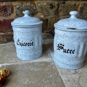 Antique French White and Blue Enamel Kitchen Storage Jars or Canisters | French Pots for Sucre and Chicorée | French Brocante Home Style