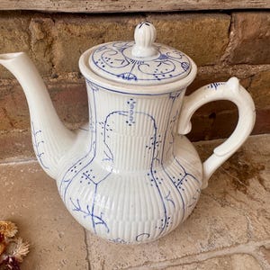 Antique Belgian Ironstone Teapot: Blue Transferware, Boch Les Freres, Copenhagen Coffee Pot, US TARIFFS INCLUDED