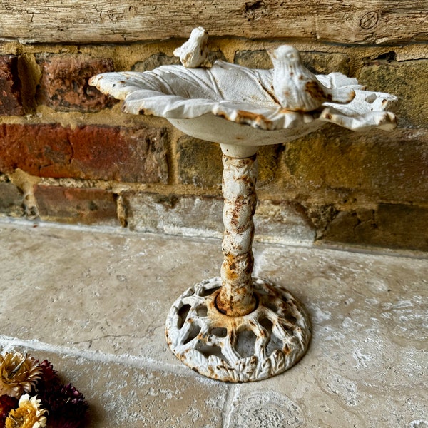 Antique 19th Century French White Painted Cast Iron Bird Bath | Rustic French Display Stand | French Interior Decor