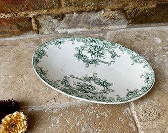 Antique Early 20th Century Ironstone Dishe | Belgian Dauphin BFK Oval Serving Dish | Green Transferware Ravier