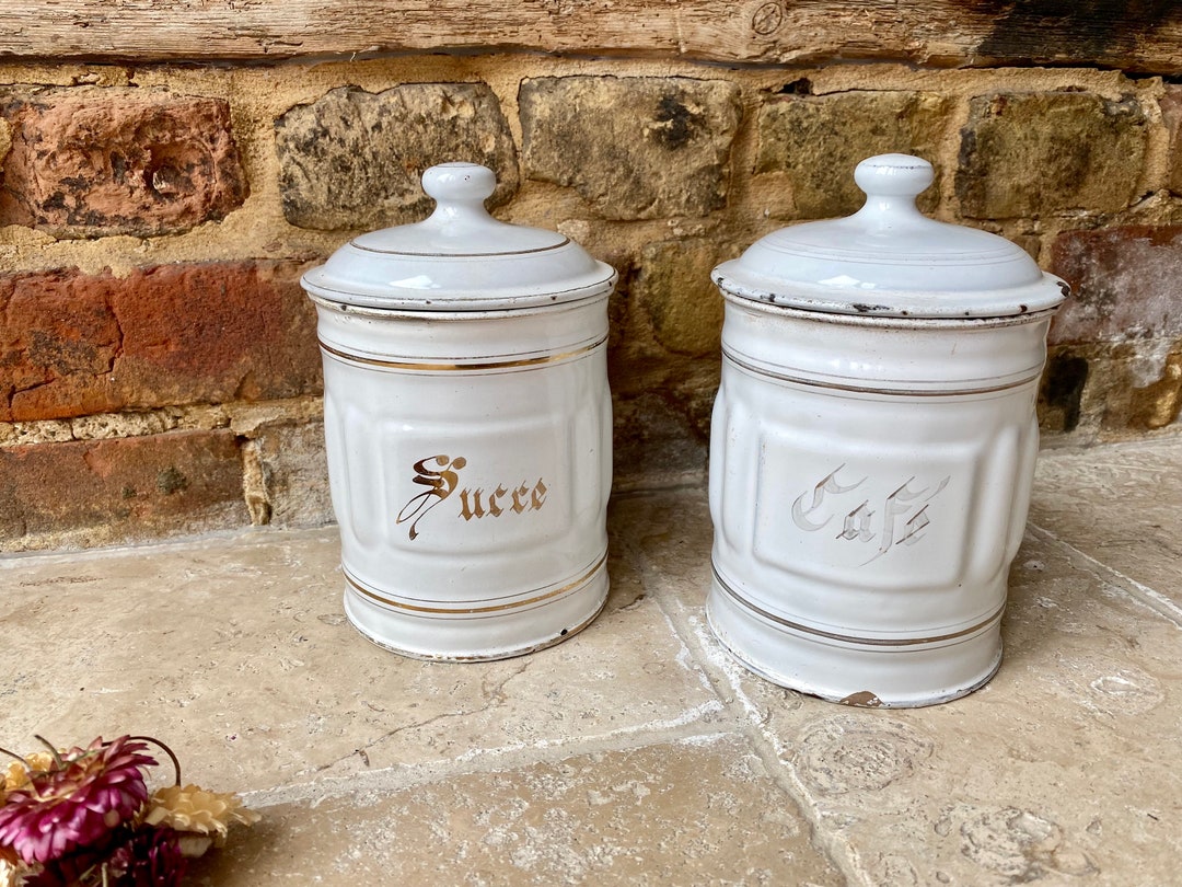Antique French White and Gold Enamel Kitchen Storage Jars or - Etsy