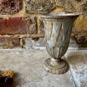 Antique French Cast Iron Silver Coloured Urn | Decorative Metal Vase or Planter | Rustic Vintage Decor