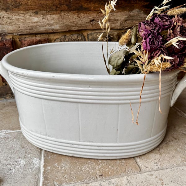 Antique White Ironstone Foot Bath: 19th Century Boch Planter, Decorative Styling, US TARIFFS INCLUDED