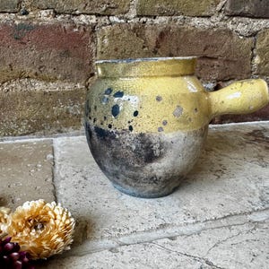 Olla antigua francesa para confitar: rústica provenzal amarilla, pequeña olla de barro para cocinar, decorativa antigua, aranceles estadounidenses incluidos.