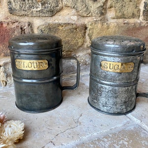 Vintage Tin Flour And Sugar Sifter with Later Art Deco Brass Name Plates | Retro Flour and Sugar Storage Canisters
