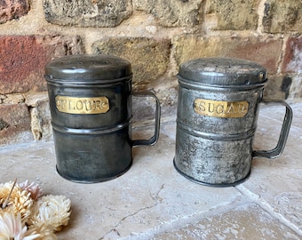 Vintage Tin Flour Sifter: Art Deco Brass Name Plate, Retro Kitchen, Kitchenalia, US TARIFFS INCLUDED