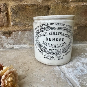 Antique Victorian Chubby One Pound James Keiller Dundee Marmalade Advertising Pot | White Ironstone Scottish Crock | Vintage Utensil Pot