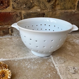Vintage White Ironstone Colander: Mid-Century Farmhouse Kitchen Strainer