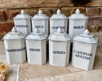 Antique Early 20th Century White Ironstone Kitchen Storage Jar | 1920s Black on White Labelled Canisters | Jappa Gibsons England