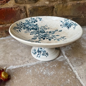 Antique Early 20th Century French Blue Floral Transferware Terre de Fer Compote Dish | Franco Anglaise Compotier Bowl in As Found Condition