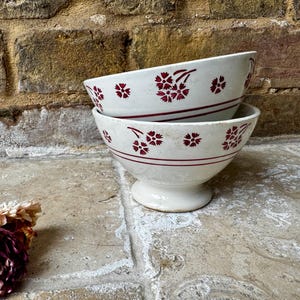 Antique French Ironstone Cafe Au Lait or Chocolat Chaud Bowl | Luneville Coffee Bowl | Rustic Bowl with Red Floral Border Decoration