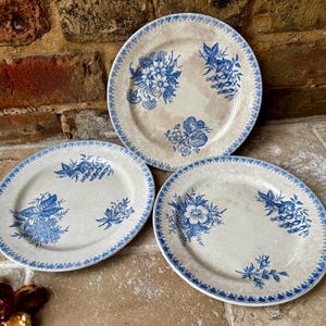 One Antique Timeworn Buttery Ironstone Side Plate | Blue Floral Dahlia Plate by Societe Ceramique | Vintage Dutch Transferware