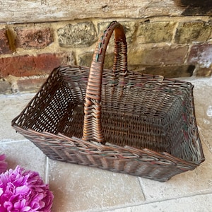 Antique French Early 20th Century Rustic Shopper or Shopping Basket | Vintage Treen Fruit, Vegetable or Flower Basket | Garden Trug