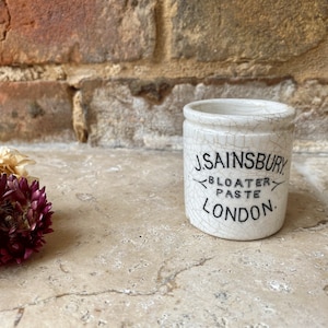 Rare Antique Victorian White Ironstone Small J Sainsburys Potted Meat Paste Pot | Vintage English Advertising Bloater Paste Crock or Jar