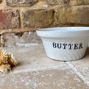 Antique Edwardian English White Ironstone Butter Dish | Early 20th Century Butter Crock with Black Transfer Print Typography