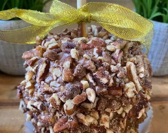May include: A caramel apple covered in chopped pecans, presented on a white paper cup. A gold ribbon bow adorns the wooden stick. The background features green plants in gray pots.