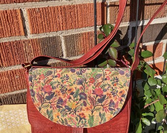 CORK saddle, crossbody bag, back slip pocket, handcrafted in Canada