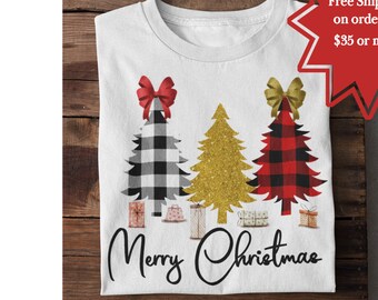 Merry Christmas-T-shirt, buffelgeruite kerstbomen, feestelijk T-shirt