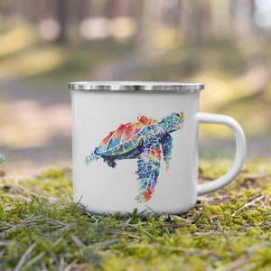 Watercolor Sea Turtle, Enamel Camp Mug, Coffee Mug 12 oz,