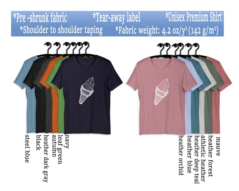 Puede incluir: Una variedad de camisetas con un gr&aacute;fico de cono de helado impreso en la parte delantera. Las camisetas est&aacute;n disponibles en colores como azul marino, verde hoja, oto&ntilde;o, gris oscuro jaspeado, negro, azul acero, malva, bosque jaspeado, jaspeado atl&eacute;tico, azul teal jaspeado, azul jaspeado y orqu&iacute;dea jaspeado. *Etiqueta desprendible *Camiseta premium unisex *Costuras de hombro a hombro *Peso de la tela: 4,2 oz/y&sup2; (142 g/m&sup2;) *Tela preencogida