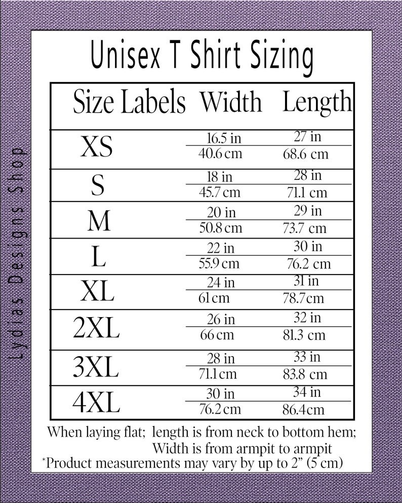 Puede incluir: Tabla de tallas de camiseta unisex con medidas en pulgadas y cent&iacute;metros. La tabla muestra las etiquetas de talla, el ancho y la longitud para las tallas XS a 4XL.