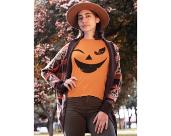 T-shirt Halloween Femme - Citrouille Souriante Avec Cils - Déguisement Facile & Drôle Pour Fête & Carnaval