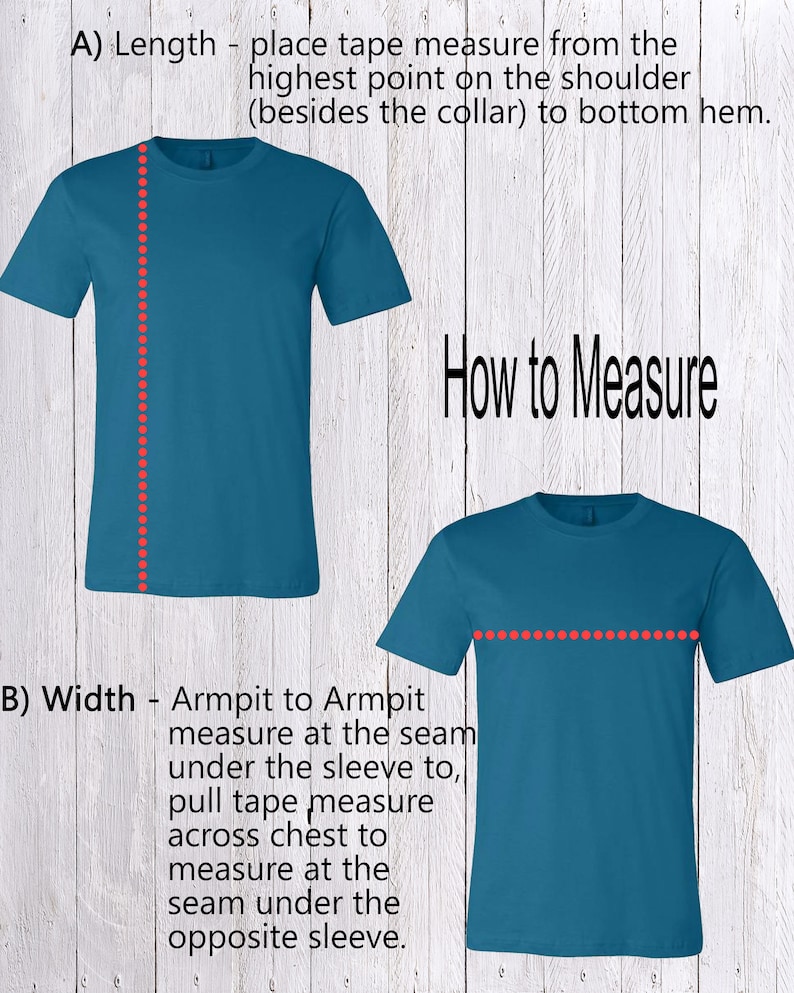 Puede incluir: Diagrama que muestra c&oacute;mo medir la longitud y el ancho de una camiseta. La longitud se mide desde el punto m&aacute;s alto del hombro hasta el dobladillo inferior. El ancho se mide de axila a axila a trav&eacute;s del pecho.