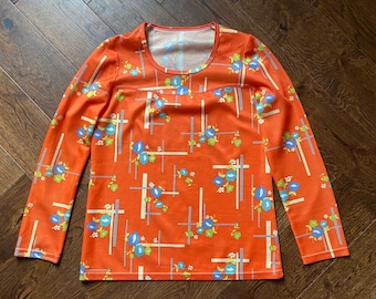 1970s Orange floral à motifs femmes t-shirt Boho blouse taille petite