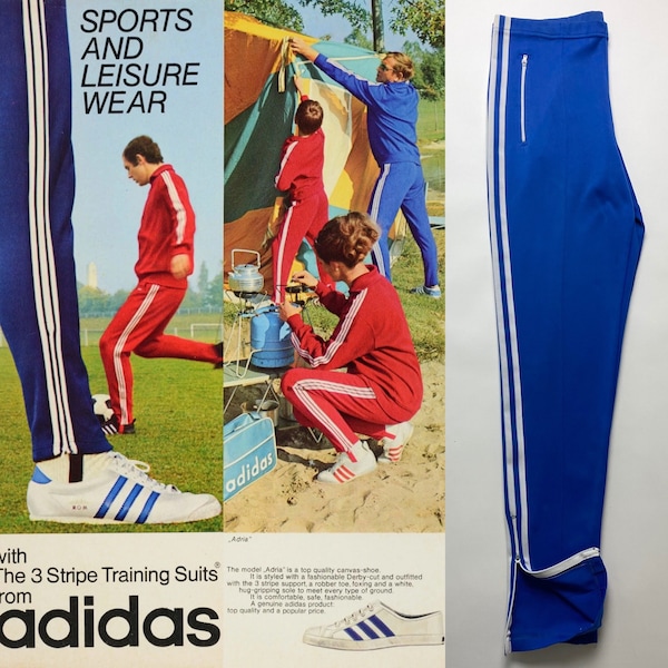 1970s 80s adidas original trefoil 3 stripes  blue white tapered track suit trackie bottoms size small 32''