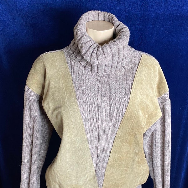 1960s pure wool and brown suede panel roll neck / unisex / mens size medium / ladies large