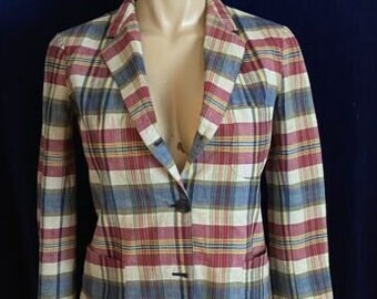 vintage 1960s madras check 3/2 roll 3 button ivy league womens batik check blazer / size  uk 6 -  XS