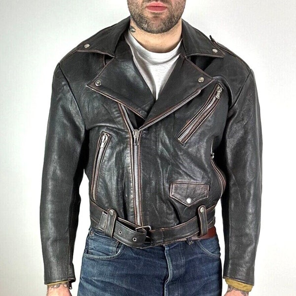 Blouson moto perfecto pour femme en cuir marron foncé des années 1980, fabriqué en Italie, taille L