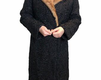 Vintage 1950s Black Astrakhan Fur Coat with Black Rolled Mink Collar Size M