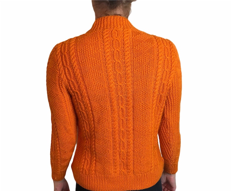 Vintage ladies women\u2019s handknitted hand knit wool pumpkin orange arran winter festive jumper fisherman 60s 70s size medium