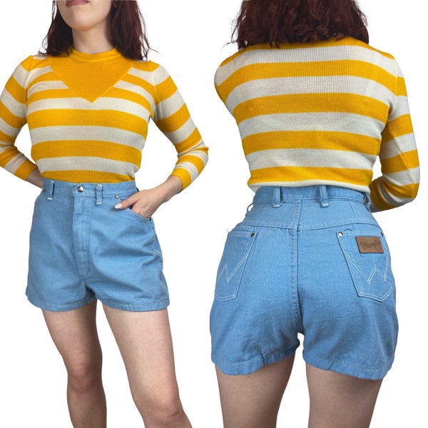 1950s - 60s Wrangler bluebell misses wrangler womens baby blue denim cotton zip up shorts UK 12 W 29”