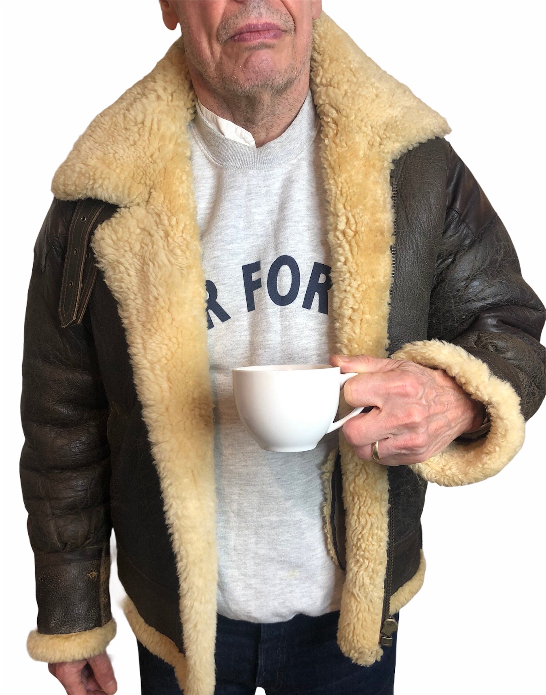 Image of 1980S 80S Palmus Japanese Flying Leather Pilot Shearling Sheepskin Jacket Usaf Military Patches Brown Winter 30S 40S Style Medium