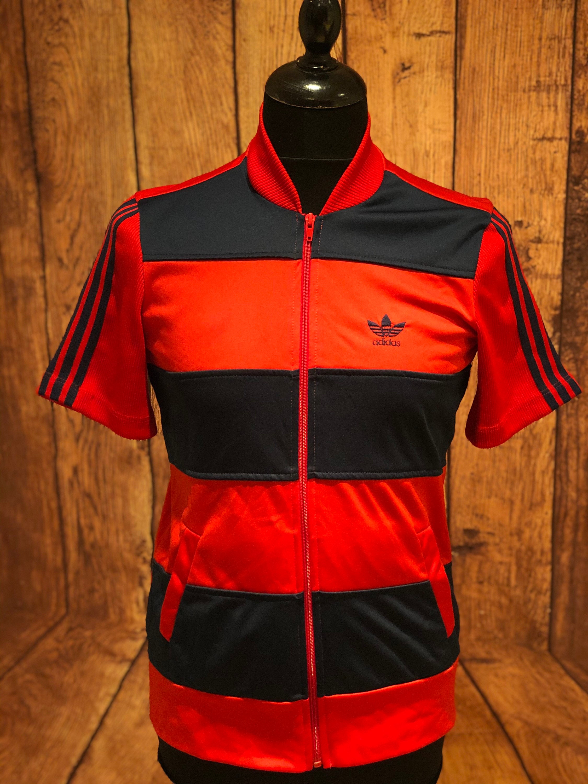 Image of 1980S 80S Adidas Trefoil 3 Stripe Made in France Navy Red Short Sleeve Zip Tracksuit Top Causals Indie Hip Hop Size Xs 36"