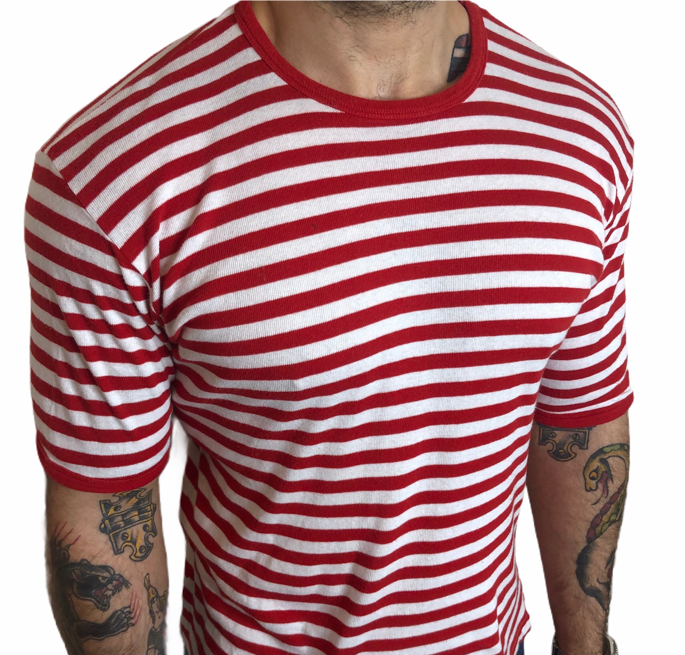 Image of 70S 80S Vintage Stretchy Red White Crewneck Stripe Pure Cotton Nautical Ivy League 60S Mod Rockabilly T Shirt Large