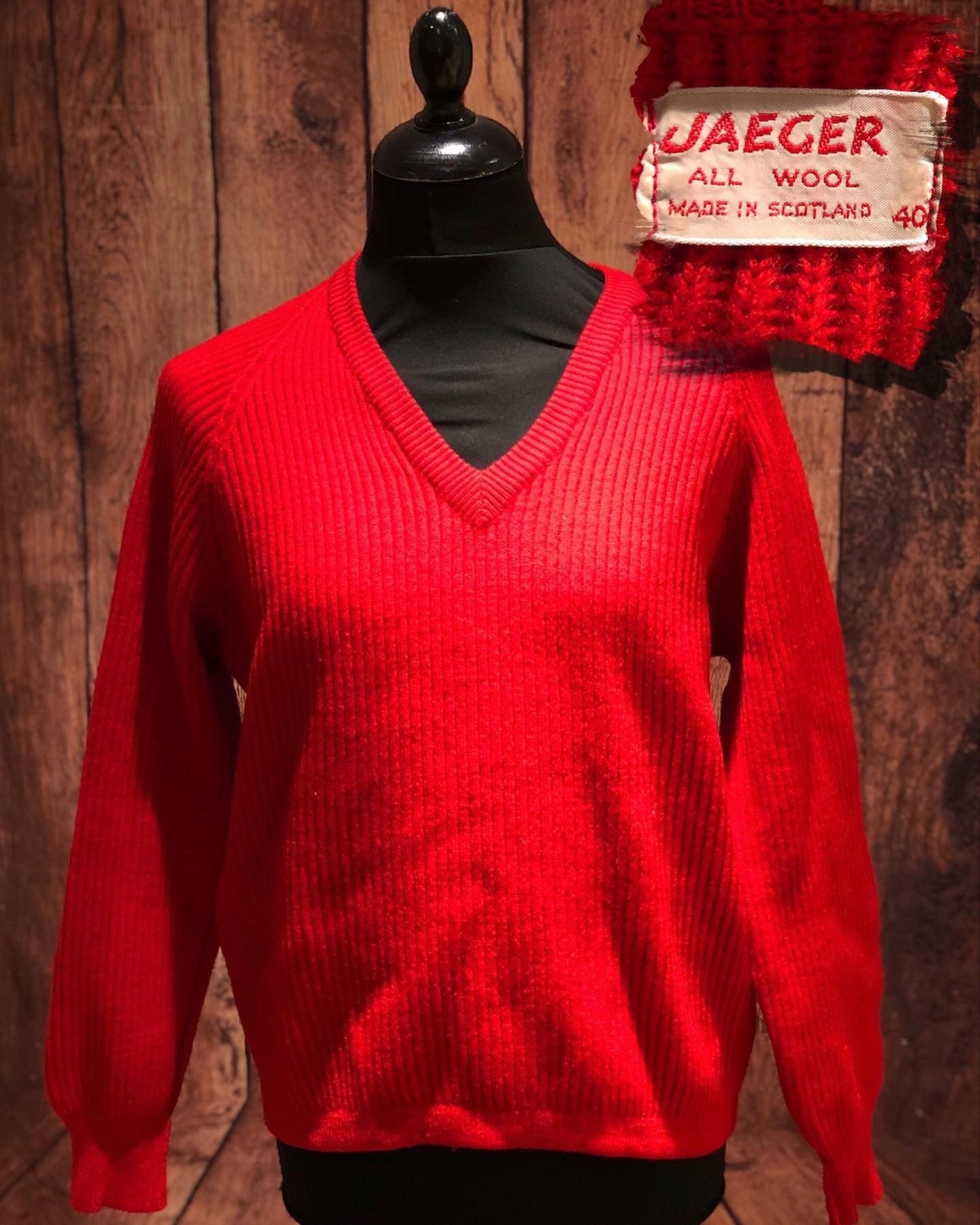 Image of 1960S 60S Made in Scotland Jaeger Bright Red Pure Wool Ribbed V Neck Preppy Mod Skinhead Rockabilly 50S Style Ivy League Size 40" Med