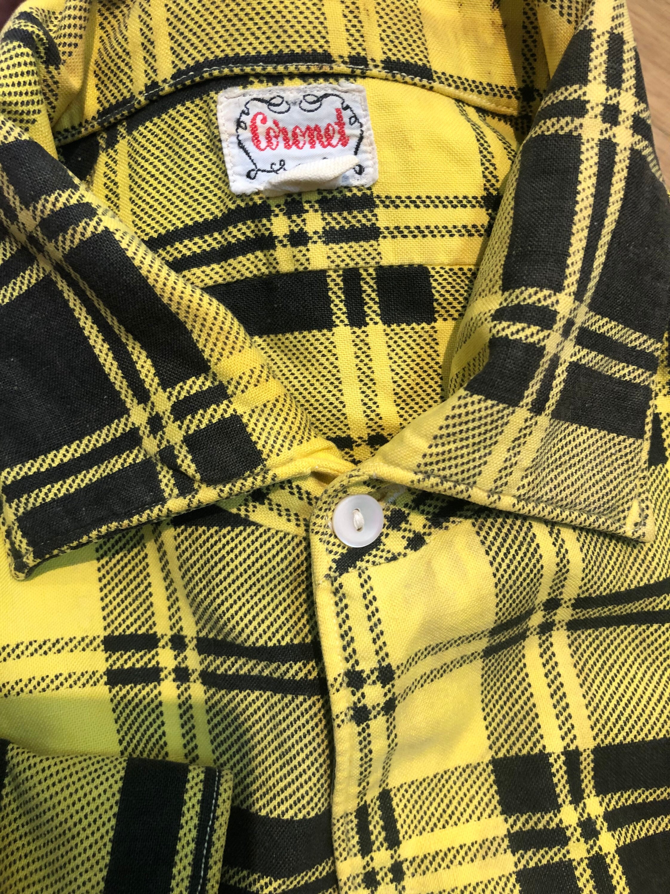 Image of 1950S 50S Original Rare Vintage Yellow & Black Check Plaid Shirt Rockabilly 40S Workwear Flannel Tartan Spread Collar Coronet 15.5 Medium