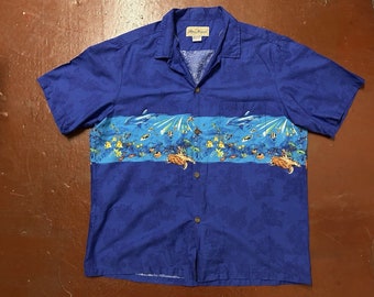 90s vintage Hawaiian shirt made in Hawaii dolphins fish turtle sealife print L