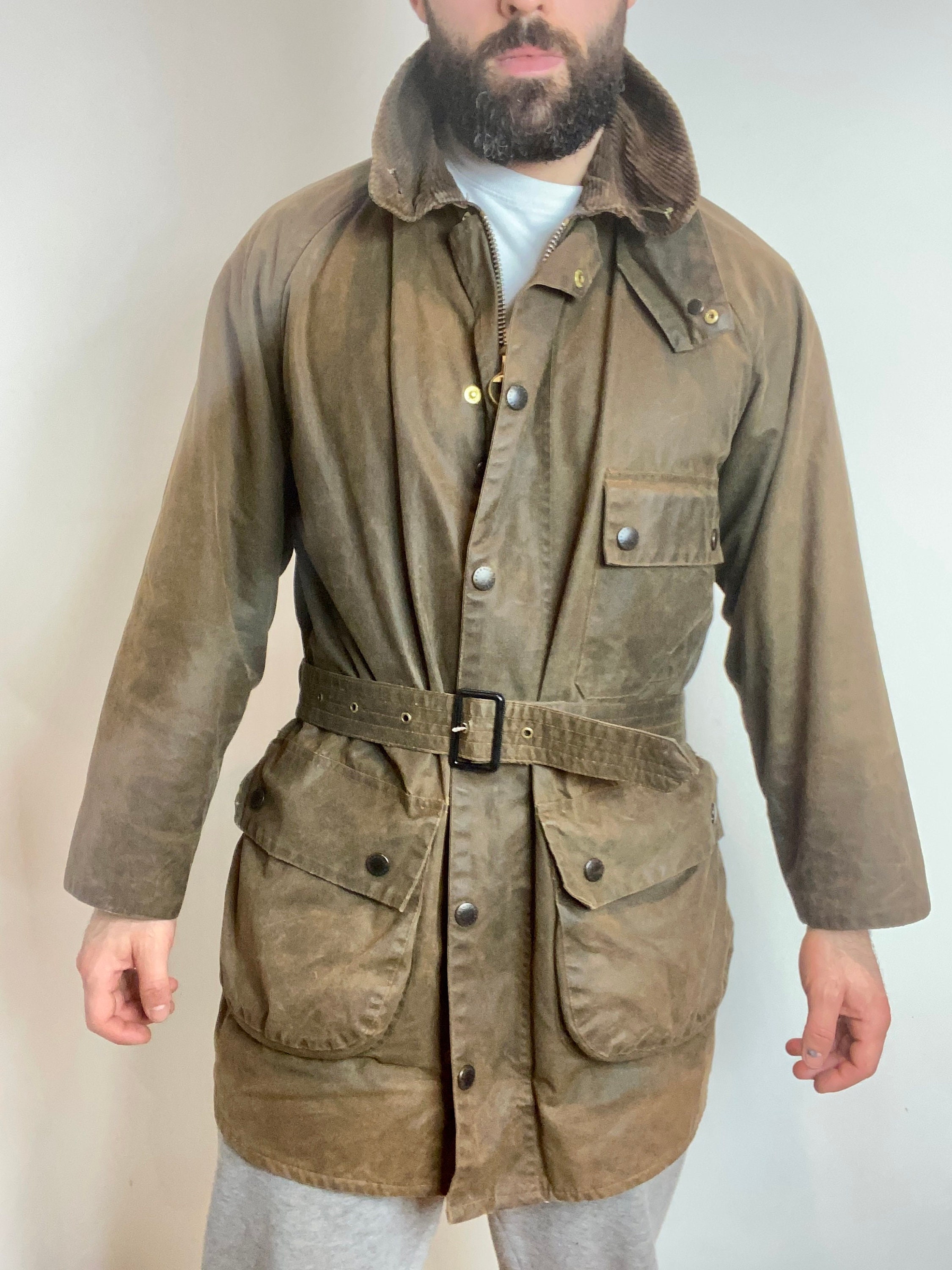 1992 barbour solway zipper belted green khaki brown wax coat with hood made in england C42 size large