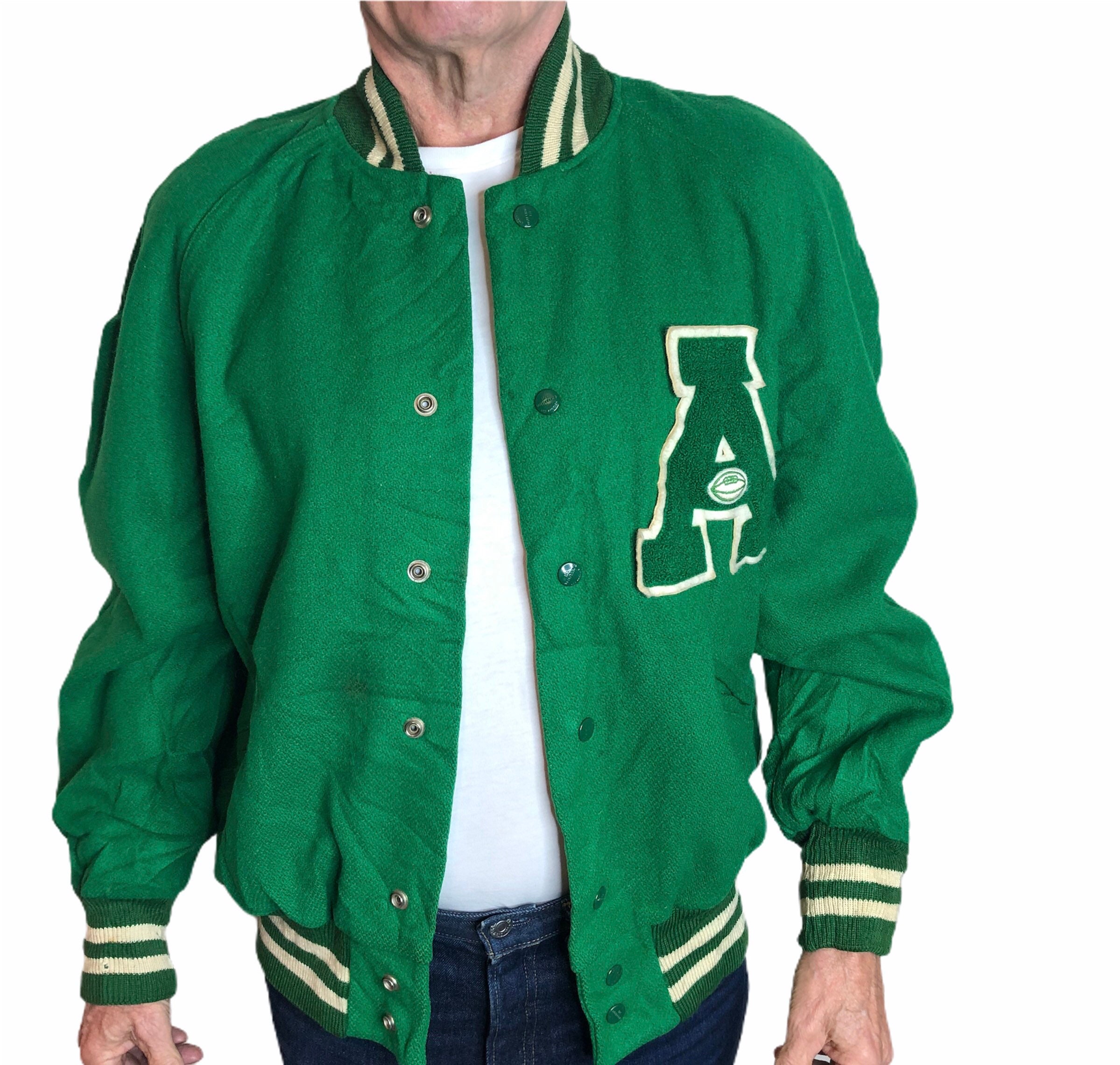 Image of 60S Vintage Varsity A Letterman College School Usa Whiting Jacket Bomber Baseball Ivy League Trad 50S Rockabilly Green Wool Size Xl 46"