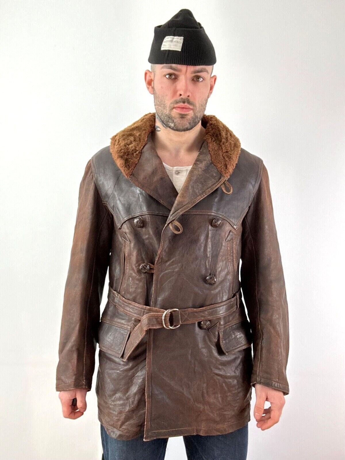 1940s Leather Barnstormer Shearling Collar Coat Workwear Mackinaw 